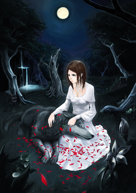 akitu kouta, blue eyes, brown hair, dress, flower, graveyard, moon, nature, night, petals, solo, wolf