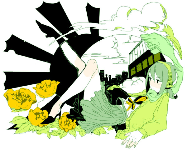 gomosawa, original, bad id, bad pixiv id, cloud, flower, headphones, high heels, scarf, shoes, short hair, skirt, solo