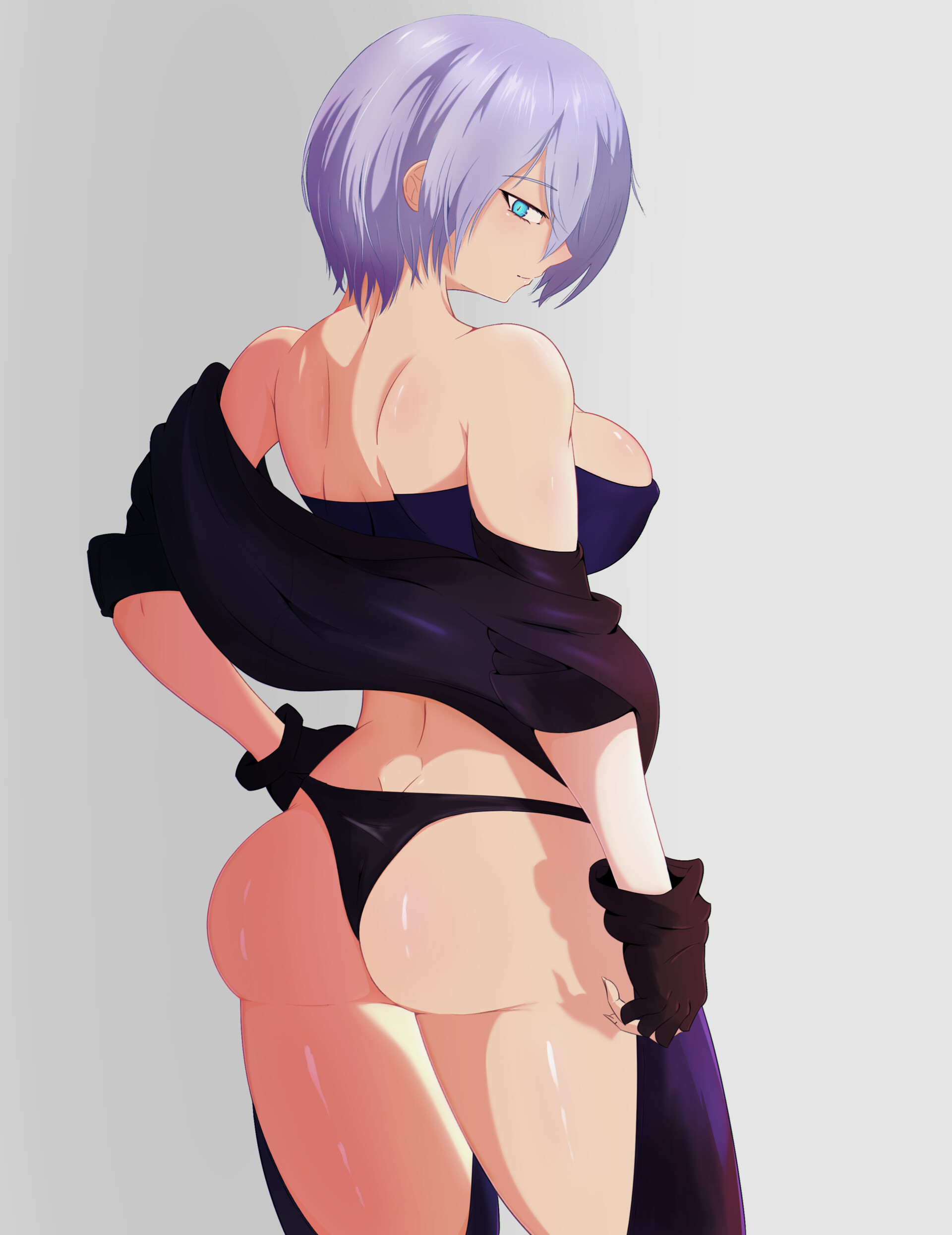 angel (kof), the king of fighters, 1girl, ass, blue eyes, breasts, cleavage, curvy, female focus, from behind, gloves, hand on own hip, huge ass, huge breasts, jacket, large breasts, leather, looking at viewer, looking back, open clothes, panties, shiny skin, short hair, solidstro, solidus (artist), solidusartist, standing, thick thighs, thighs, underwear, undressing, white hair