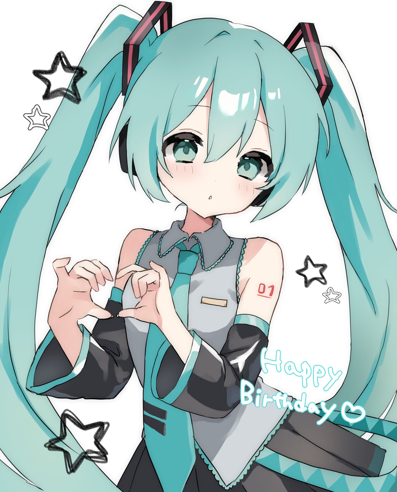 hatsune miku, vocaloid, highres, 1girl, 3muzu, :o, aqua eyes, aqua hair, aqua necktie, bare shoulders, black skirt, black sleeves, blush, collared shirt, detached sleeves, grey shirt, hair between eyes, hair ornament, happy birthday, headphones, heart, heart hands, long hair, looking at viewer, necktie, parted lips, pleated skirt, shirt, simple background, skirt, sleeveless, sleeveless shirt, solo, star (symbol), tattoo, twintails, very long hair, white background