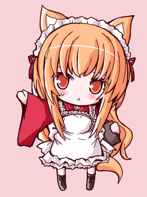 shio poteto, original, 1girl, :<, animal ears, blush, chibi, female focus, fox ears, fox tail, long hair, maid headdress, orange eyes, orange hair, solo, tail, waitress