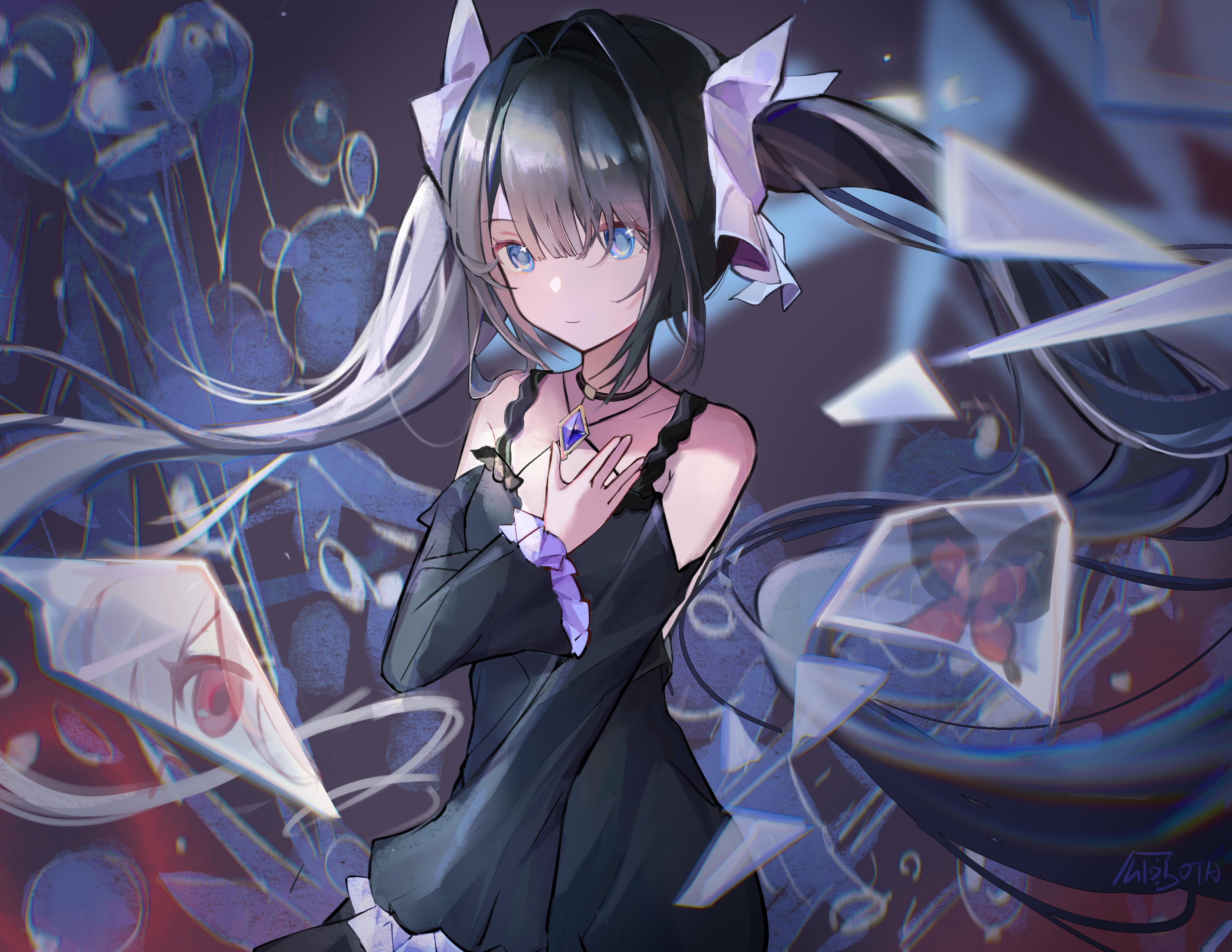 otarc, tairitsu (arcaea), tairitsu (reunion) (arcaea), arcaea, absurdres, highres, 1girl, bare shoulders, black dress, black hair, black ribbon, blue eyes, blue flower, bow, closed mouth, cowboy shot, cross-laced clothes, cross-laced dress, detached sleeves, dress, flower, frilled dress, frilled sleeves, frills, gem, glass shards, hair bow, layered dress, long hair, long sleeves, purple gemstone, ribbon, sleeveless, sleeveless dress, solo, very long hair, white bow