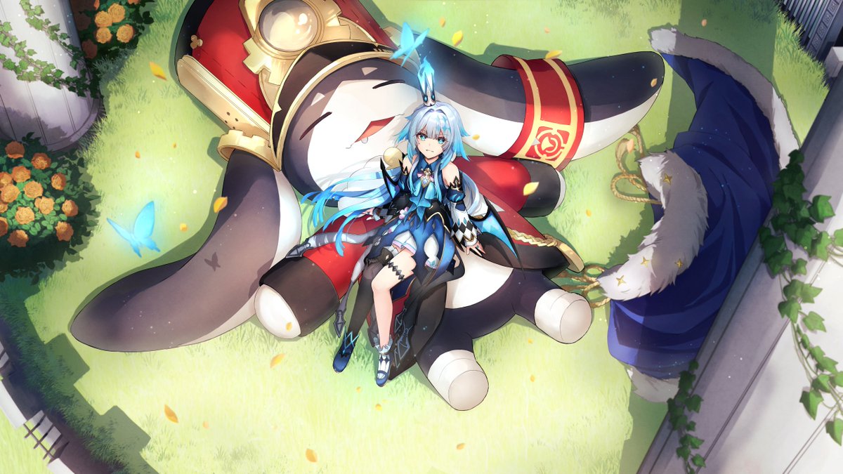 kinatsu k, cerydra (honkai: star rail), pom-pom (honkai: star rail), honkai: star rail, honkai (series), official art, 1girl, 1other, asymmetrical footwear, asymmetrical legwear, bare shoulders, black thighhighs, blue dress, blue eyes, boots, bright pupils, crown, detached sleeves, dress, floating hair, jewelry, long hair, long sleeves, looking at viewer, mismatched footwear, mismatched legwear, parted lips, ring, shoes, sitting, sitting on person, smile, socks, thigh strap, thighhighs, very long hair, white pupils, white socks