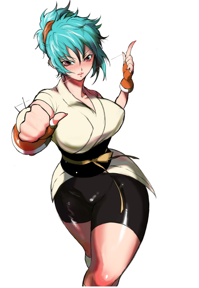 miwa hitomi, machi komacine, hunter x hunter, bad id, bad pixiv id, 1girl, aqua hair, bike shorts, blue hair, breasts, curvy, female focus, fingerless gloves, garrote, gloves, large breasts, pink eyes, ponytail, solo, white background