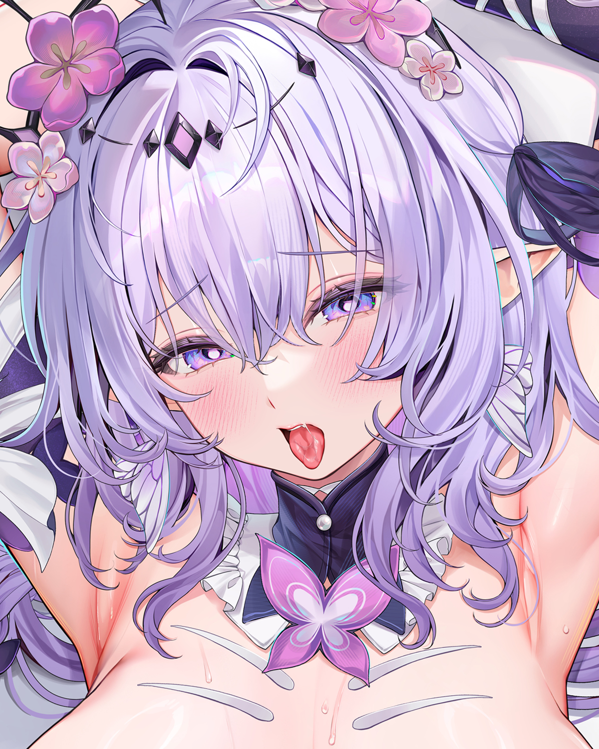 machi (machi0910), castorice (honkai: star rail), honkai: star rail, honkai (series), commentary request, cropped, highres, merchandise available, 1girl, armpits, arms up, blush, bow, breasts, butterfly earrings, dakimakura (medium), earrings, flower, from above, hair between eyes, hair bow, hair flower, hair intakes, hair ornament, jewelry, large breasts, long hair, looking at viewer, lying, on back, open mouth, pink flower, pointy ears, portrait, purple bow, purple eyes, purple hair, saliva, sidelocks, solo, sweat, tongue, tongue out