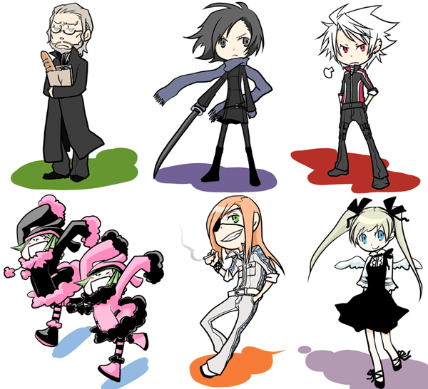 nrht, badou nails, fuyumine naoto, haine rammsteiner, luki, mihai mihaeroff, nill, noki, dogs: bullets & carnage, 3boys, 4girls, arms behind back, arms up, bag, baguette, beard, belt, black dress, black eyes, black hair, blonde hair, blue eyes, blue scarf, bread, breath, chibi, cigarette, coat, costume, dress, everyone, eyepatch, facial hair, food, full body, fur trim, glasses, green eyes, green hair, grey hair, grin, groceries, grocery bag, hands in pockets, holding, holding sword, holding weapon, long hair, long sleeves, looking at viewer, multiple boys, multiple girls, old, old man, orange hair, pantyhose, pom pom (clothes), red eyes, scarf, shopping bag, simple background, sleeves past wrists, smile, smoke, standing, sword, teeth, very long hair, weapon, white background