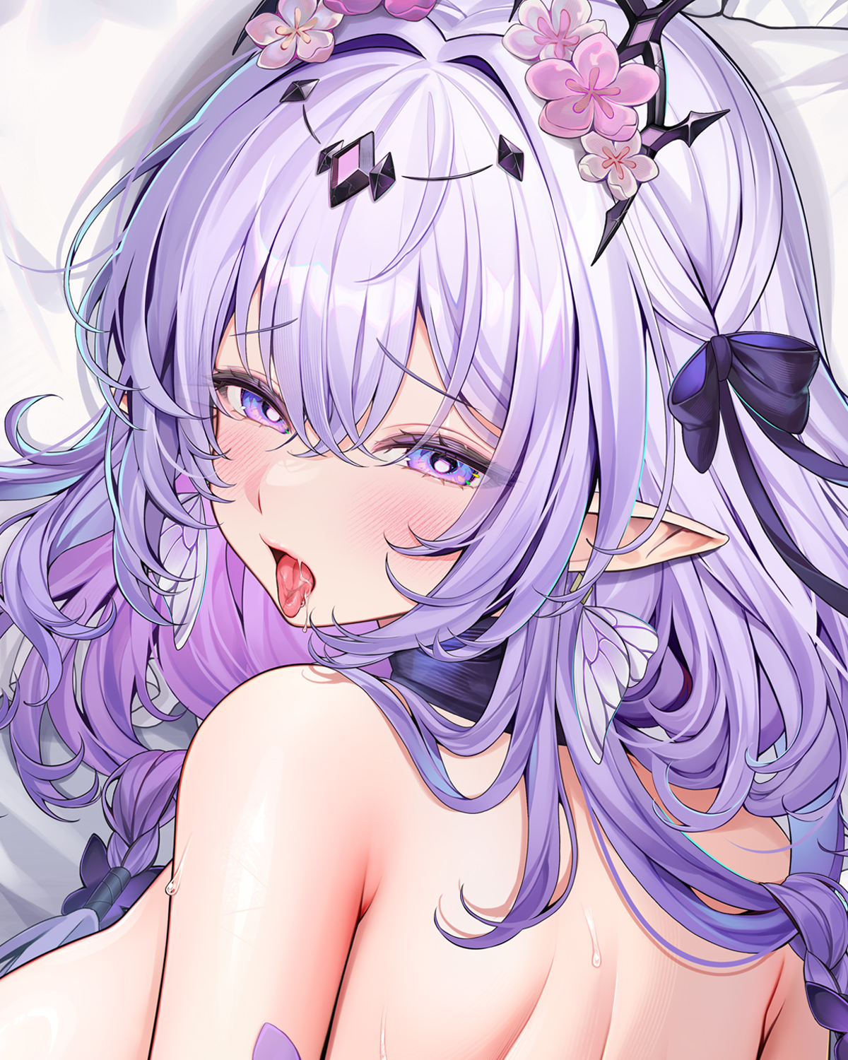 machi (machi0910), castorice (honkai: star rail), honkai: star rail, honkai (series), commentary request, cropped, highres, merchandise available, 1girl, armpit crease, bed sheet, black tiara, blush, bow, breasts, butterfly earrings, dakimakura (medium), earrings, flower, from above, hair between eyes, hair bow, hair flower, hair intakes, hair ornament, jewelry, large breasts, long hair, looking at viewer, looking back, lying, median furrow, on bed, on stomach, open mouth, pink flower, pointy ears, portrait, purple bow, purple eyes, purple hair, saliva, shoulder blades, sidelocks, solo, sweat, tiara, tongue, tongue out