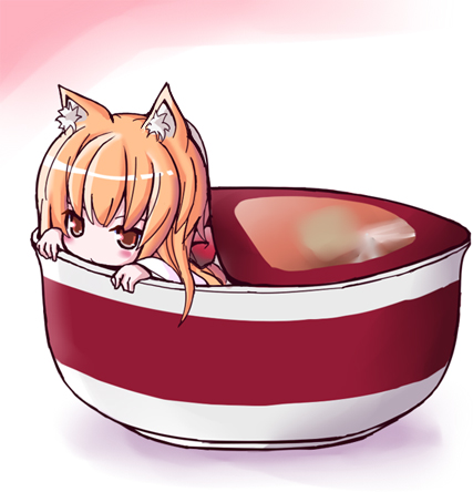 shio poteto, original, lowres, 1girl, animal ears, cup, cup ramen, female focus, fox ears, in container, in cup, japanese clothes, mini person, minigirl, red eyes, solo