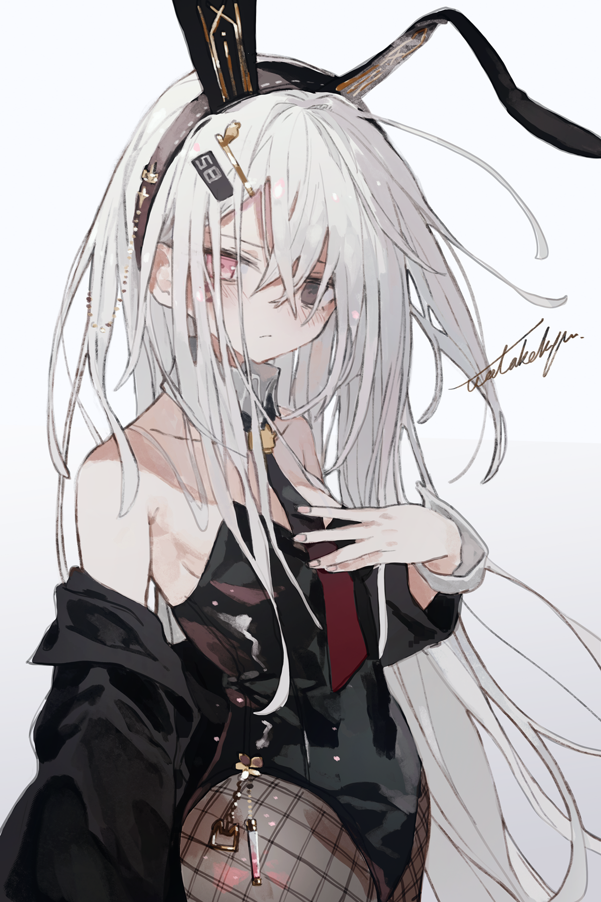 watakokyu, original, highres, 1girl, fishnet pantyhose, fishnets, grey hair, heterochromia, leotard, long hair, pantyhose, playboy bunny, simple background, white background