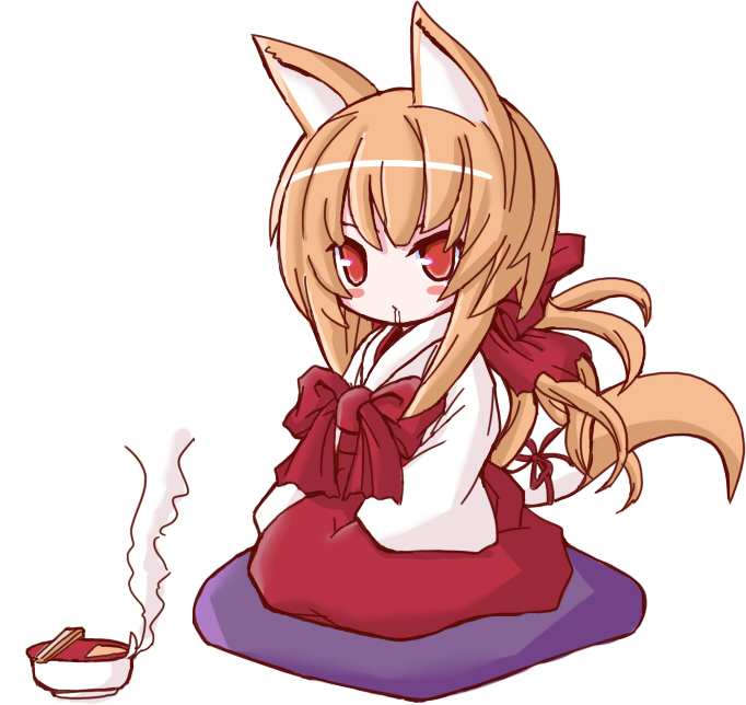 shio poteto, animal ears, food, fox ears, japanese clothes, red eyes, solo, tail