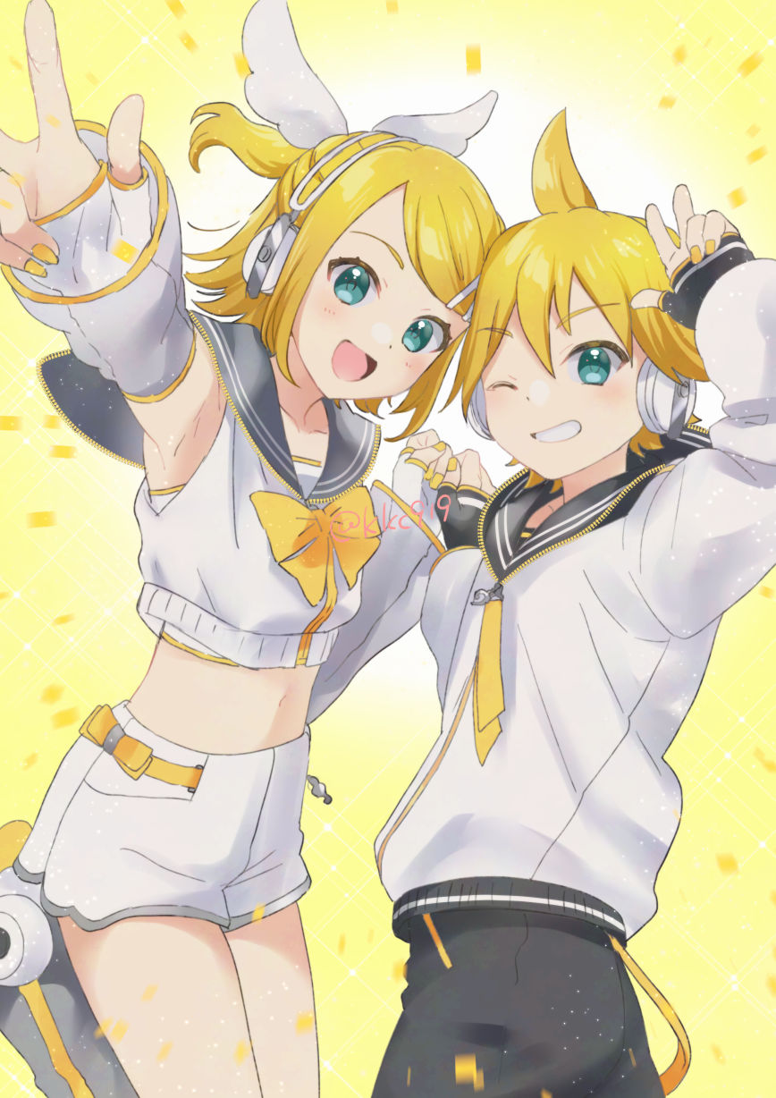 kikuchi mataha, kagamine len, kagamine rin, piapro studio, vocaloid, highres, 1boy, 1girl, aqua eyes, armpits, black sailor collar, blonde hair, bow, bowtie, confetti, crop top, detached sleeves, grin, hair bow, hair ornament, hairclip, headphones, holding hands, kagamine len (nt), kagamine rin (nt), leg warmers, looking at viewer, midriff, nail polish, navel, necktie, one eye closed, open mouth, ponytail, sailor collar, shirt, short hair, short ponytail, short shorts, shorts, siblings, sleeveless, sleeveless shirt, smile, sparkle, twins, v, white bow, white shirt, white shorts, yellow background, yellow bow, yellow bowtie, yellow necktie