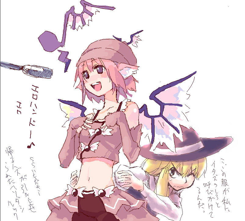 ushiki yoshitaka, kirisame marisa, mystia lorelei, touhou, translation request, 2girls, :d, alternate costume, blonde hair, contemporary, crop top, elbow gloves, female focus, fingerless gloves, gloves, hands on own chest, hat, microphone, midriff, multiple girls, music, musical note, navel, oekaki, one eye closed, open mouth, recording studio, singing, smile, studio microphone, wince, wings, wink
