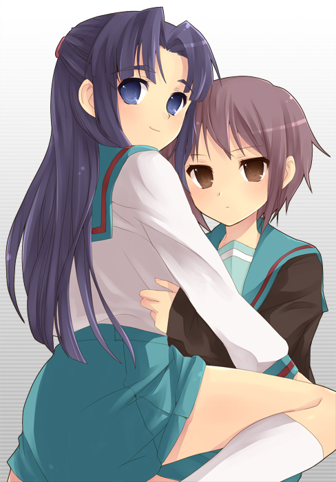 hijiki (hijikini), hijikini, asakura ryoko, nagato yuki, suzumiya haruhi no yuuutsu, 00s, 2girls, half updo, looking at viewer, multiple girls, school uniform, serafuku, take your pick, yuri