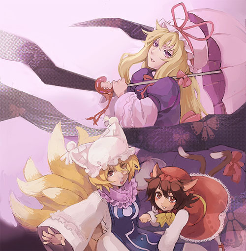 lovecom, chen, yakumo ran, yakumo yukari, touhou, 3girls, animal ears, animal hat, blonde hair, brooch, cat ears, cat girl, cat tail, collar, dress, female focus, fox ears, fox tail, gem, hat, jewelry, long sleeves, looking at viewer, mob cap, multiple girls, multiple tails, nekomata, red dress, short hair, tabard, tail, tassel, two tails, wide sleeves