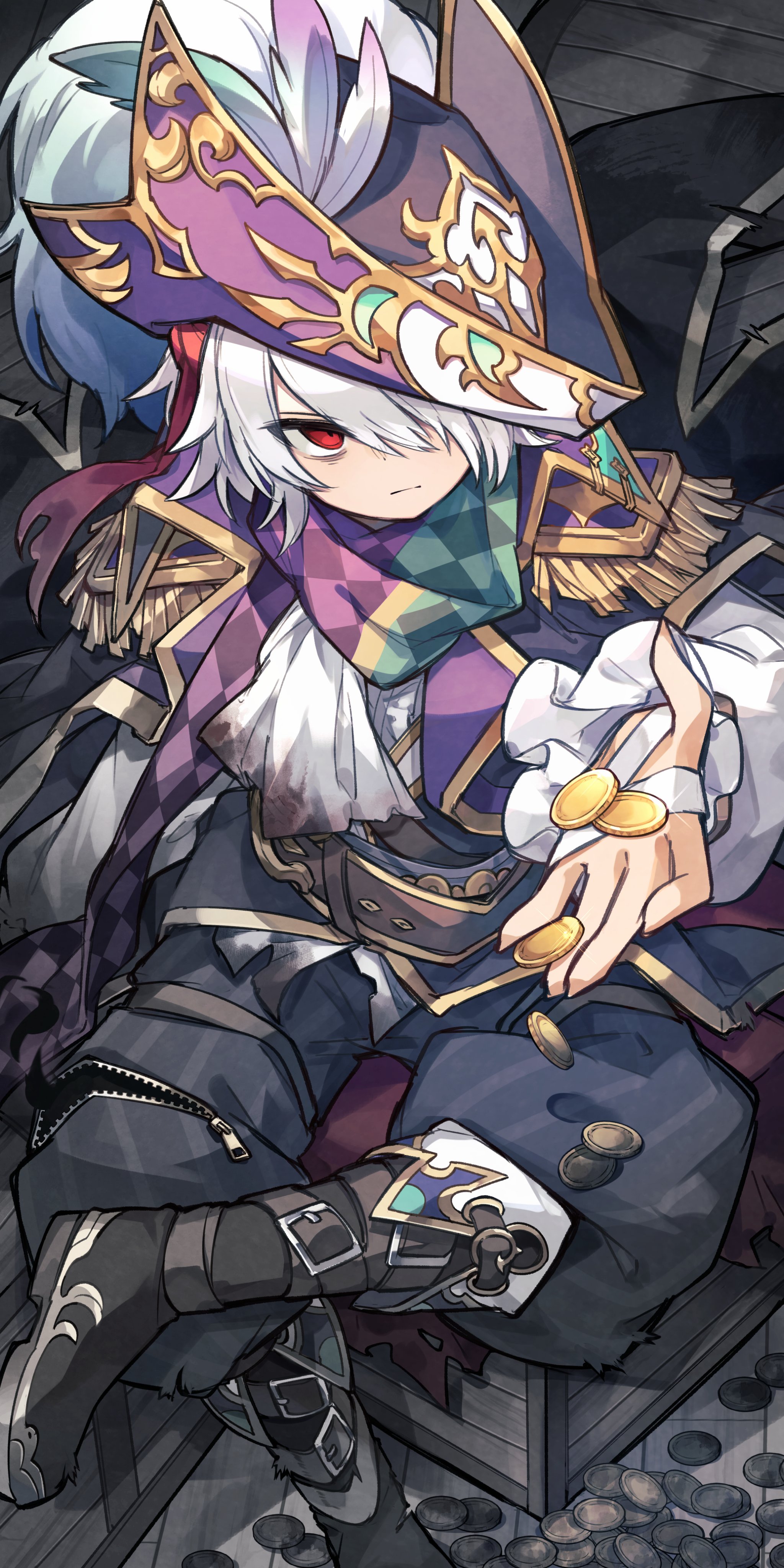 kuuron (moesann17), blackbeard (p&d), puzzle & dragons, absurdres, highres, 1boy, argyle clothes, argyle scarf, bandaged hand, bandages, checkered clothes, checkered scarf, coin, covering one eye, dragon, gold coin, hat, hat feather, knife, pirate, pirate hat, red eyes, scarf, treasure chest, weapon, white hair