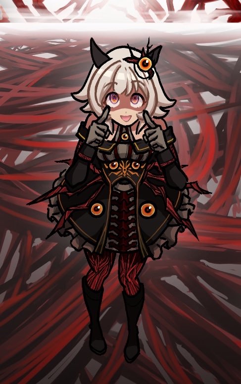 curren chan (umamusume), the burrowing heaven, lobotomy corporation, project moon, umamusume, 1girl, animal ears, black boots, black skirt, boots, brown gloves, e.g.o (project moon), frilled skirt, frills, gloves, hands up, heaven (e.g.o), horse ears, horse girl, index fingers raised, looking at viewer, micronlexicon, open mouth, pantyhose, red pantyhose, short hair, skirt, smile, solo, white hair