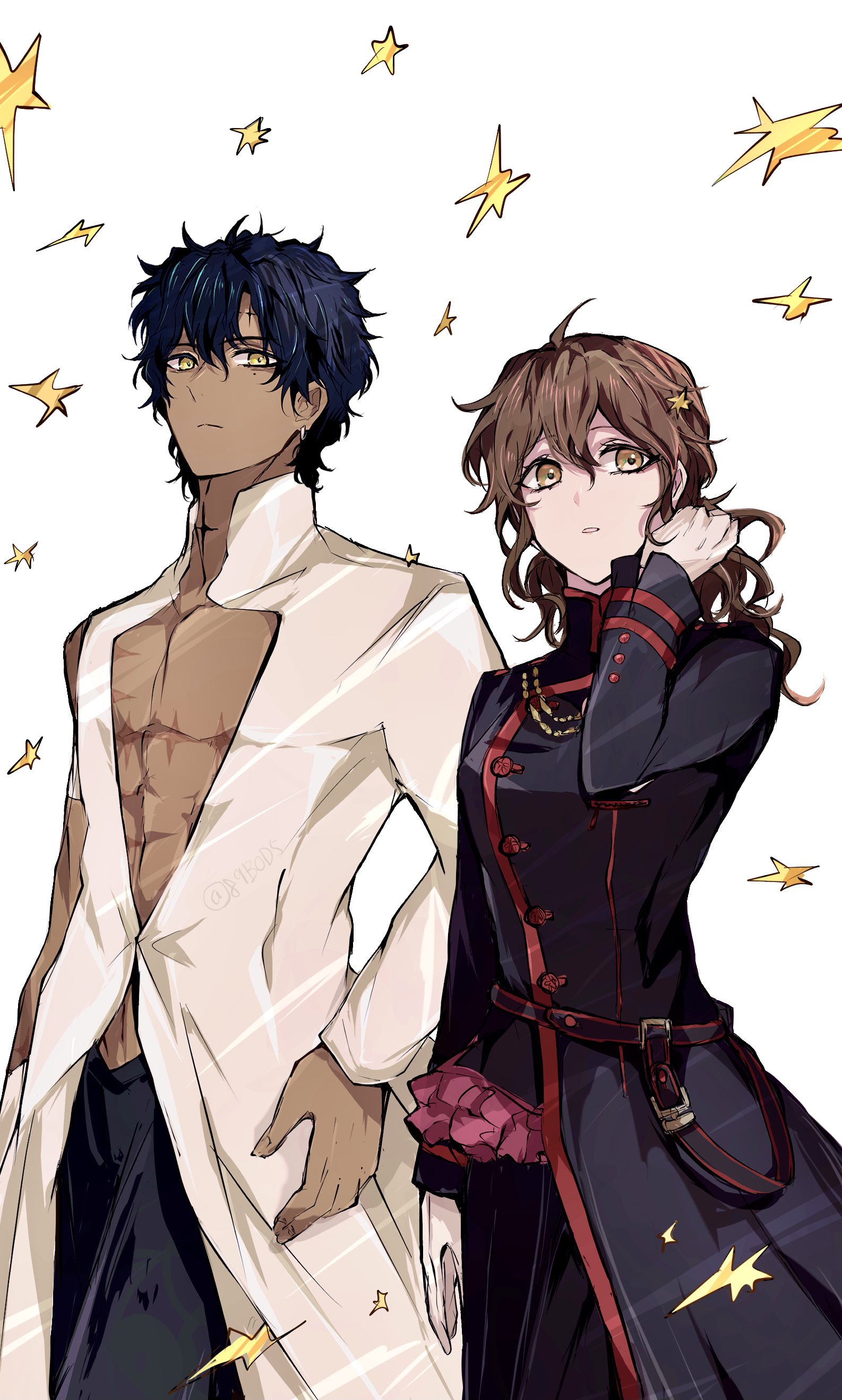 sodamachi, miranda lotto, tyki mikk, d.gray-man, absurdres, highres, 1boy, 1girl, abs, ahoge, armband, badge, bare pectorals, belt, black coat, black hair, black order uniform, black pants, brown eyes, brown hair, buttons, chain, coat, collared coat, collared shirt, cross, dark-skinned male, dark skin, earrings, facial mark, falling leaves, floating hair, forehead mark, gloves, gold chain, hair between eyes, hand in own hair, hoop earrings, jewelry, leaf, long coat, long shirt, long sleeves, looking at viewer, looking to the side, mandarin collar, mature female, mature male, medium hair, messy hair, military, military uniform, miniskirt, mole, mole under eye, neck tattoo, noah (d.gray-man), pants, parted lips, pectoral cleavage, pectorals, pink skirt, pleated skirt, scar, scar on chest, shirt, short hair, sidelocks, single bare shoulder, single sleeve, skirt, striped coat, tattoo, vertical-striped coat, wavy hair, white armband, white background, white gloves, white shirt, yellow eyes, yellow leaves