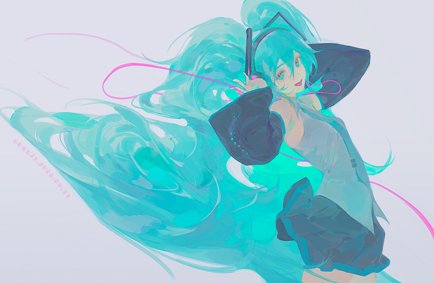 guguzi, hatsune miku, vocaloid, commentary, 1girl, aqua eyes, aqua hair, aqua necktie, arms up, artist name, black skirt, black sleeves, cowboy shot, dated, detached sleeves, from side, grey background, grey shirt, hair between eyes, headphones, long hair, looking to the side, necktie, open mouth, shirt, simple background, skirt, sleeveless, sleeveless shirt, solo, tie clip, twintails, very long hair, wide sleeves