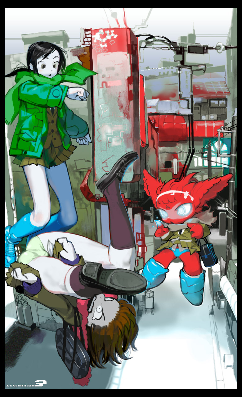 kawaguchi youhei, red unknown, original, highres, floating, panties, top-down bottom-up, underwear, urban