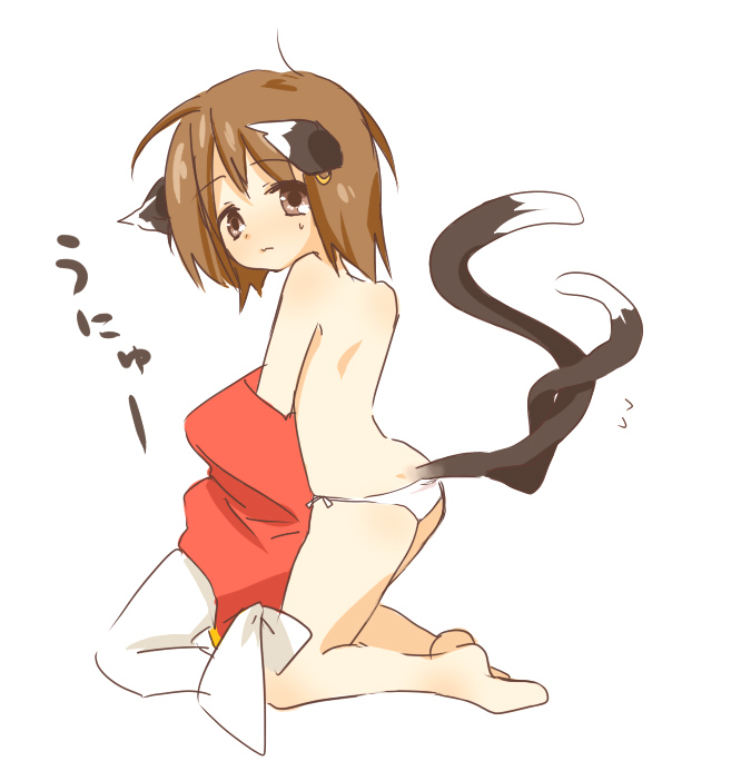 n (2110 img07), chen, touhou, bad id, bad pixiv id, 1girl, animal ears, ass, brown eyes, brown hair, cat ears, cat girl, cat tail, earrings, female focus, jewelry, multiple tails, nervous, panties, short hair, solo, sweatdrop, tail, topless female, underwear, undressing