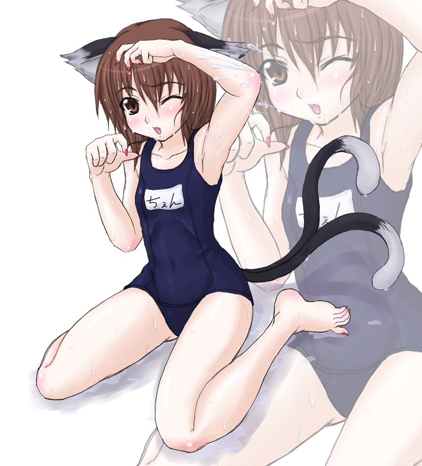 kuro suto sukii, chen, touhou, 1girl, animal ears, armpits, cat ears, cat girl, cat tail, female focus, fingernails, kneeling, long fingernails, nail polish, name tag, nipples, one-piece swimsuit, school swimsuit, solo, swimsuit, tail, toenail polish, toenails