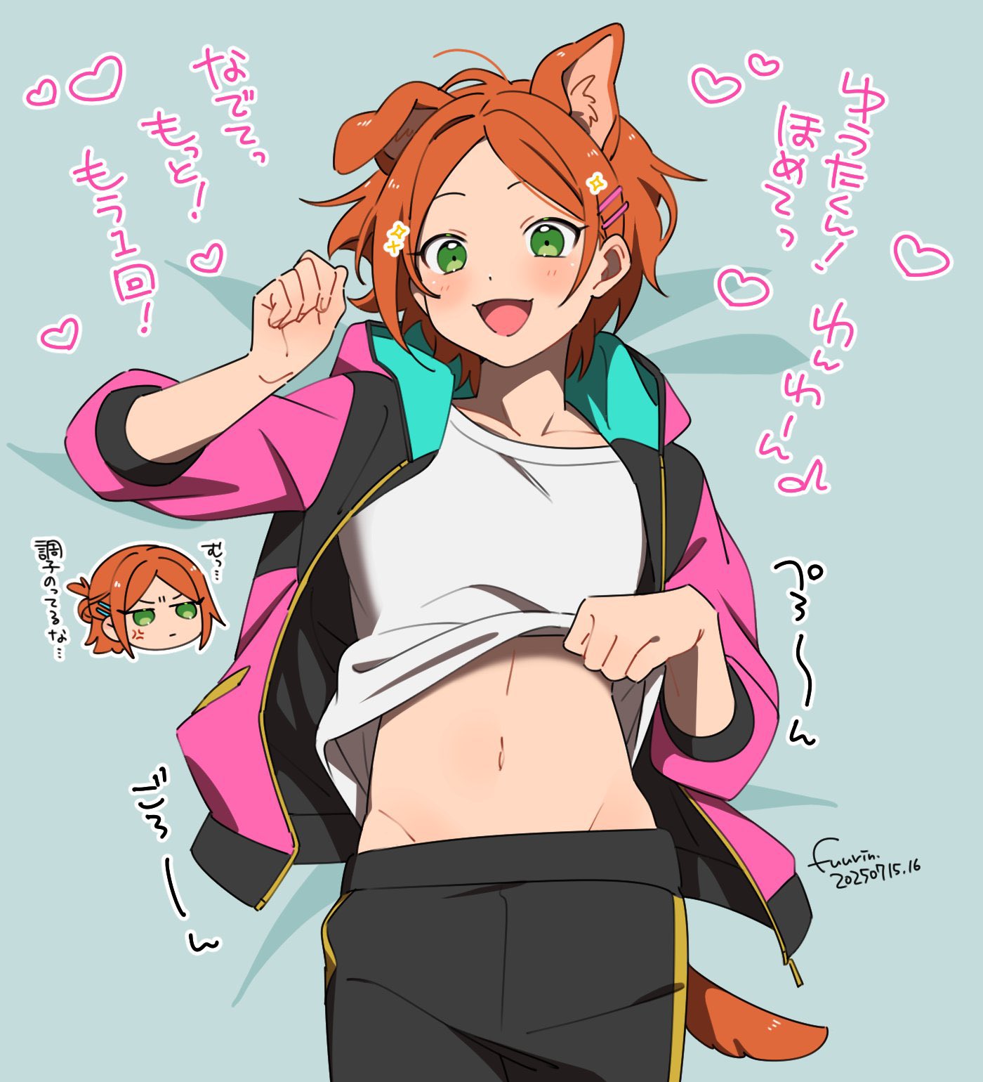 fuurin (sior fr), aoi hinata, aoi yuta, ensemble stars!, highres, translation request, 2boys, 2wink (ensemble stars!), animal ears, black pants, brothers, chibi, clothes lift, dog boy, dog ears, dog tail, green eyes, groin, hair ornament, hairclip, hood, hood down, hooded jacket, jacket, kemonomimi mode, lifting own clothes, looking at viewer, male focus, midriff, multiple boys, navel, open mouth, orange hair, pants, parallel hairclips, parted bangs, pink jacket, shirt lift, short hair, siblings, simple background, smile, tail, twins