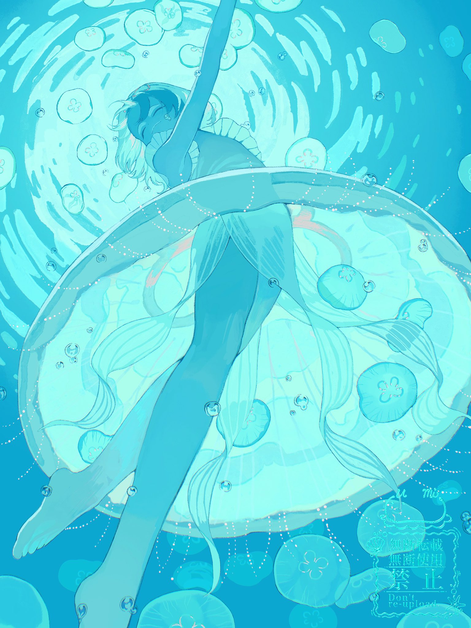 umi (umi04787030), original, commentary request, highres, 1girl, barefoot, blue theme, closed eyes, closed mouth, dress, feet, from below, jellyfish, jellyfish girl, medium hair, solo, toes, underwater, watermark