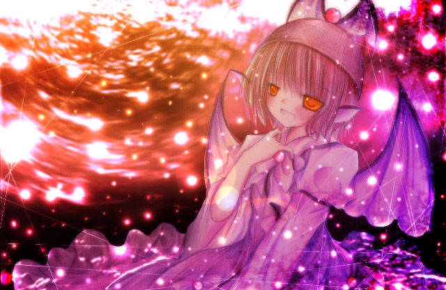 kasuga sunao, mystia lorelei, touhou, bad id, bad pixiv id, 1girl, blush, brooch, brown dress, brown hair, dress, dust, female focus, gem, hat, head wings, jewelry, looking afar, magic, open mouth, puffy short sleeves, puffy sleeves, red eyes, short hair, short sleeves, solo, upper body, wings