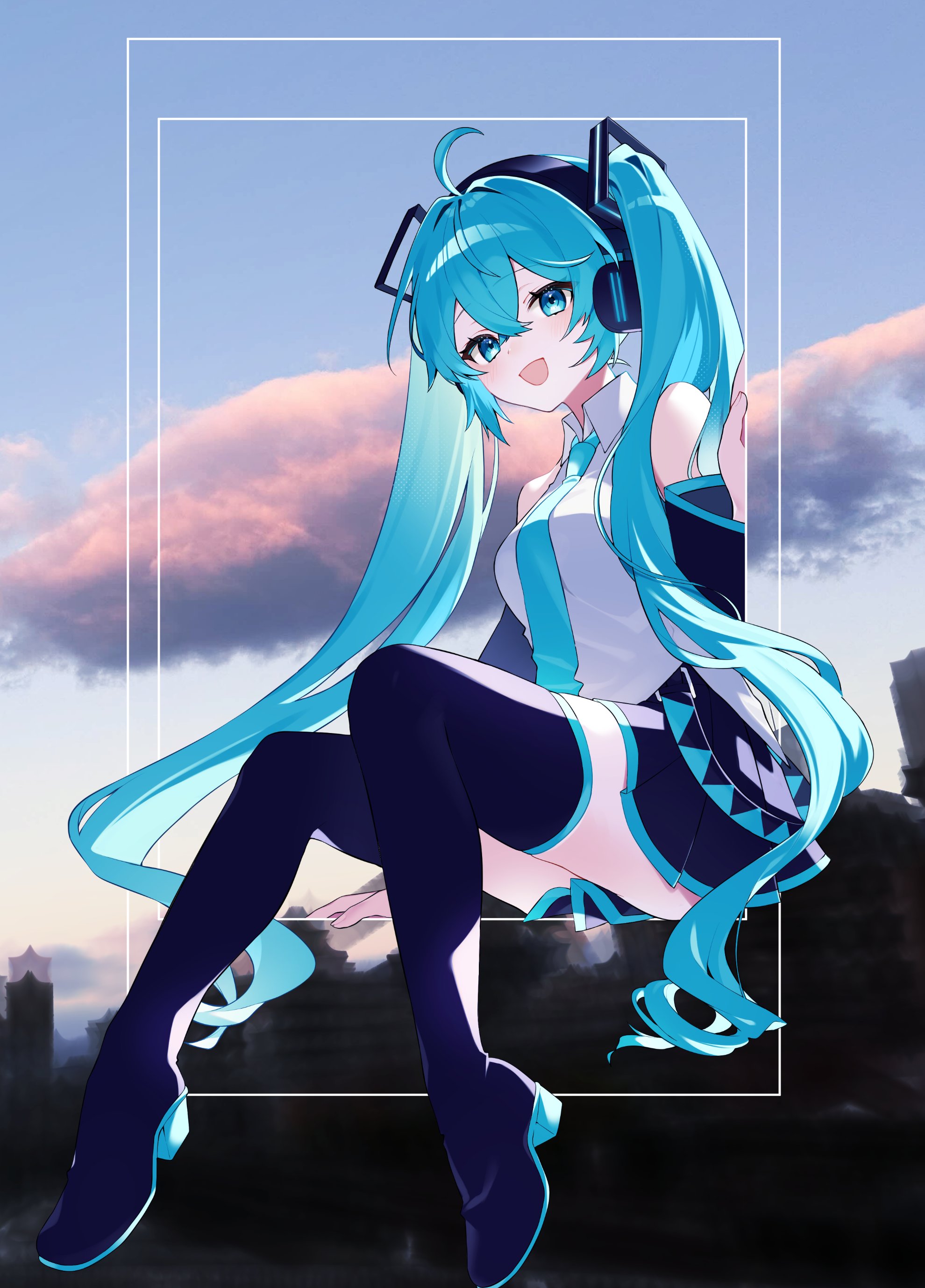 tyazakura sayu, hatsune miku, vocaloid, absurdres, highres, 1girl, :d, ahoge, aqua eyes, aqua hair, aqua necktie, bare shoulders, black skirt, black sleeves, black thighhighs, blue eyes, blue hair, blue necktie, boots, breasts, cloud, collared shirt, detached sleeves, full body, hair between eyes, hair ornament, headphones, long hair, looking at viewer, miniskirt, necktie, open mouth, outdoors, pleated skirt, shirt, sitting, skirt, sky, sleeveless, sleeveless shirt, smile, solo, thigh boots, thighhighs, twintails, very long hair, white shirt, zettai ryouiki
