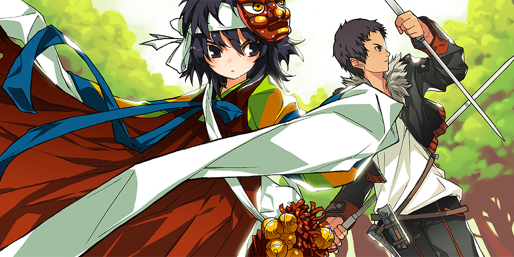 ress, original, 1boy, 1girl, bell, belt, black eyes, black hair, fur collar, hanbok, hands in opposite sleeves, headband, jacket, jingle bell, korean clothes, looking at viewer, looking to the side, mask, mask on head, multiple belts, reverse grip, short hair, sword, tree, weapon