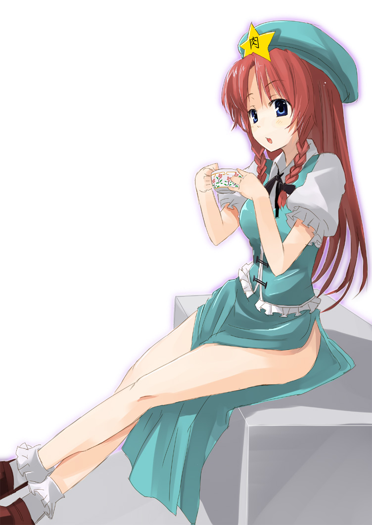gotyou, hong meiling, embodiment of scarlet devil, touhou, bad id, bad pixiv id, 1girl, :o, beret, braid, china dress, chinese clothes, dress, female focus, green dress, green eyes, hat, long hair, open mouth, puffy short sleeves, puffy sleeves, red hair, shoes, short sleeves, side slit, sitting, socks, solo, star (symbol), thighs, twin braids, very long hair, white socks