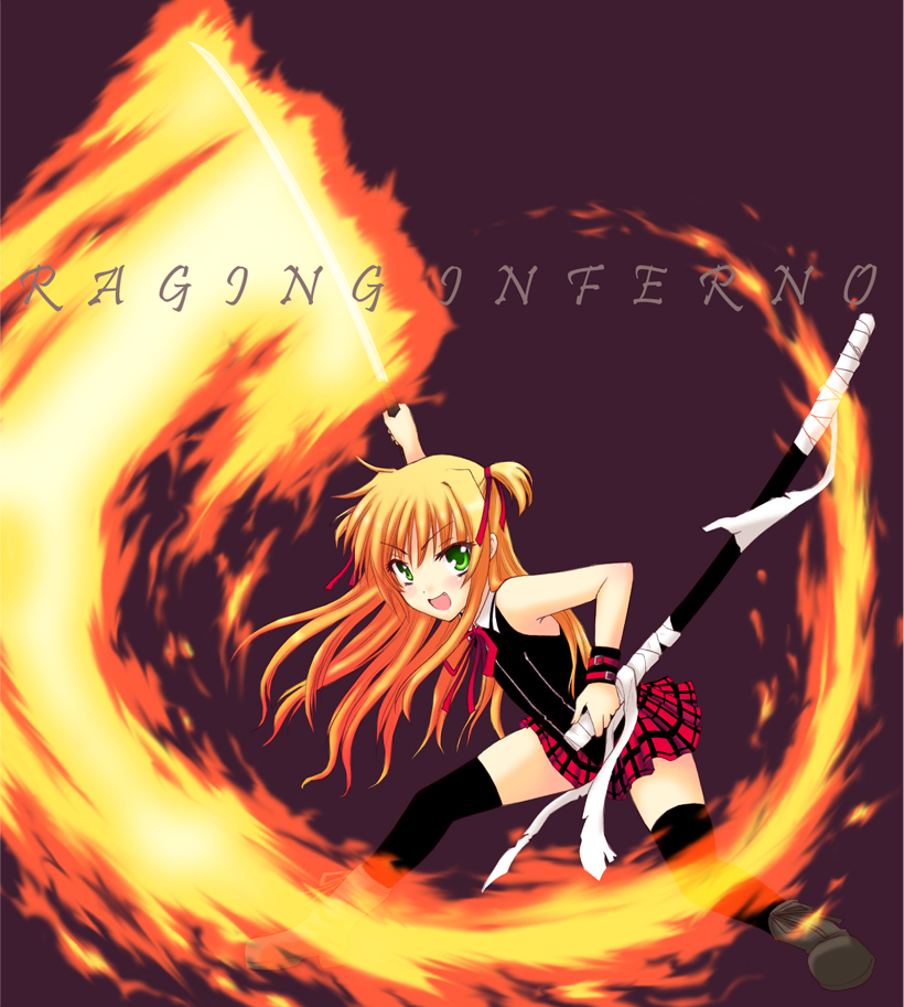 saki chisuzu, arisa bunnings, burning arisa, lyrical nanoha, mahou shoujo lyrical nanoha, 00s, blonde hair, boots, fire, flaming sword, flaming weapon, green eyes, long hair, skirt, solo, sword, thighhighs, weapon