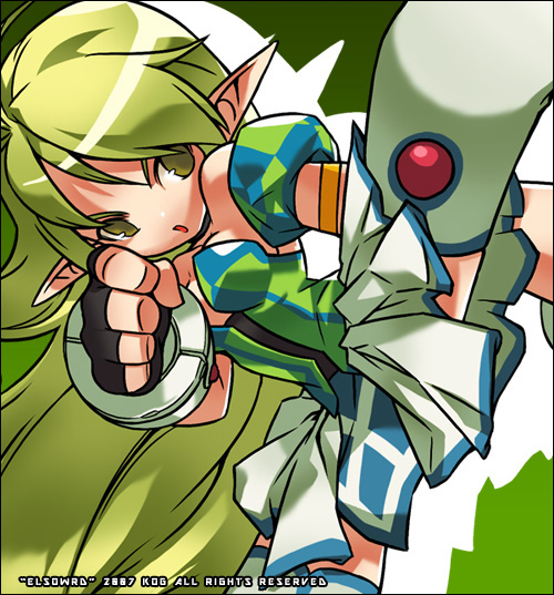 ress, ranger (elsword), rena erindel, elsword, 1girl, blonde hair, boots, elf, female focus, kicking, long hair, off shoulder, pointy ears, skirt, solo, thighhighs, white boots