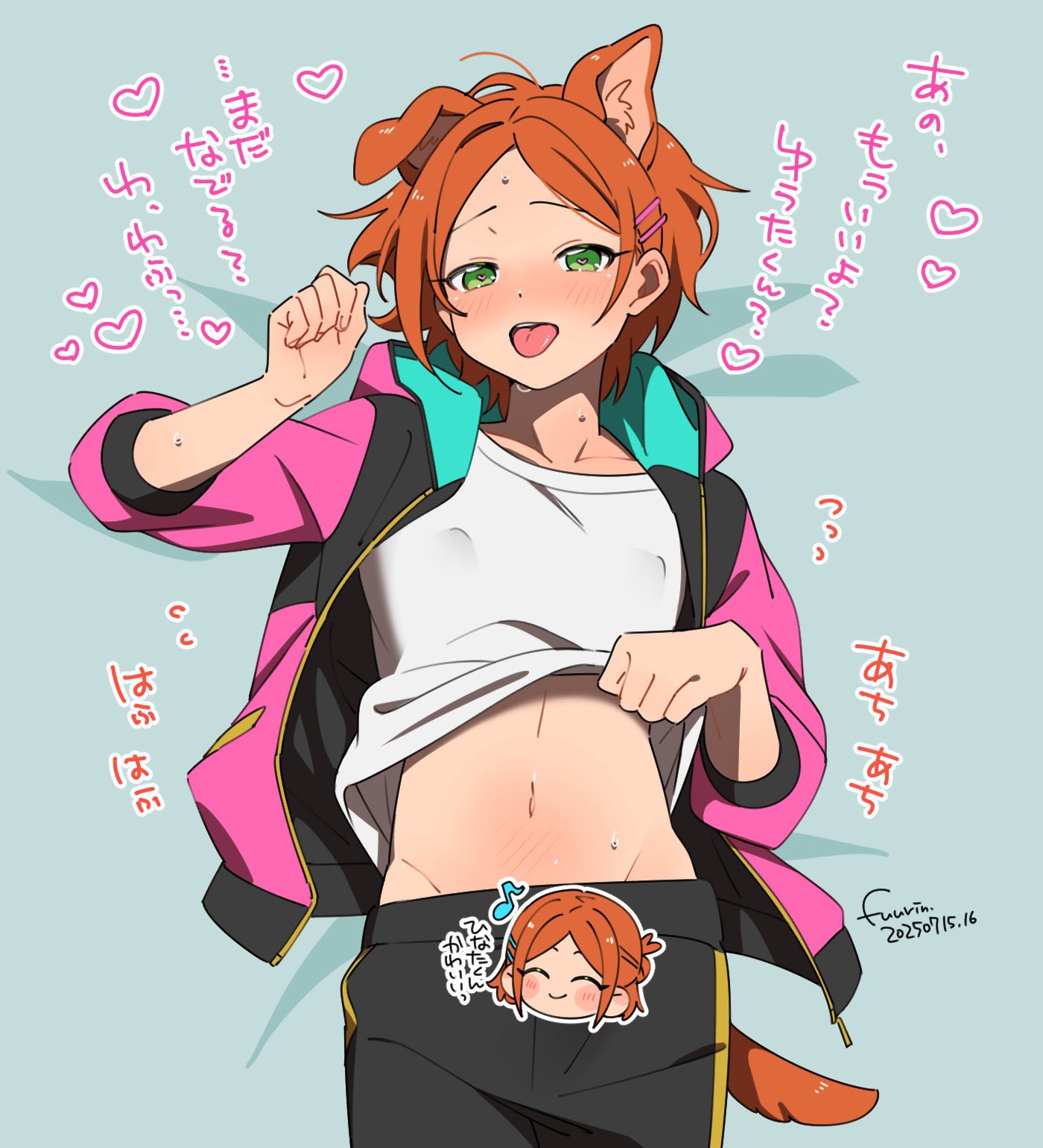 fuurin (sior fr), aoi hinata, aoi yuta, ensemble stars!, highres, translation request, 2boys, 2wink (ensemble stars!), animal ears, black pants, blush, brothers, chibi, clothes lift, covered erect nipples, dog boy, dog ears, dog tail, green eyes, groin, hair ornament, hairclip, hood, hood down, hooded jacket, jacket, kemonomimi mode, lifting own clothes, looking at viewer, male focus, midriff, multiple boys, navel, open mouth, orange hair, pants, parallel hairclips, parted bangs, pink jacket, shirt lift, short hair, siblings, simple background, sweat, tail, tongue, tongue out, twins