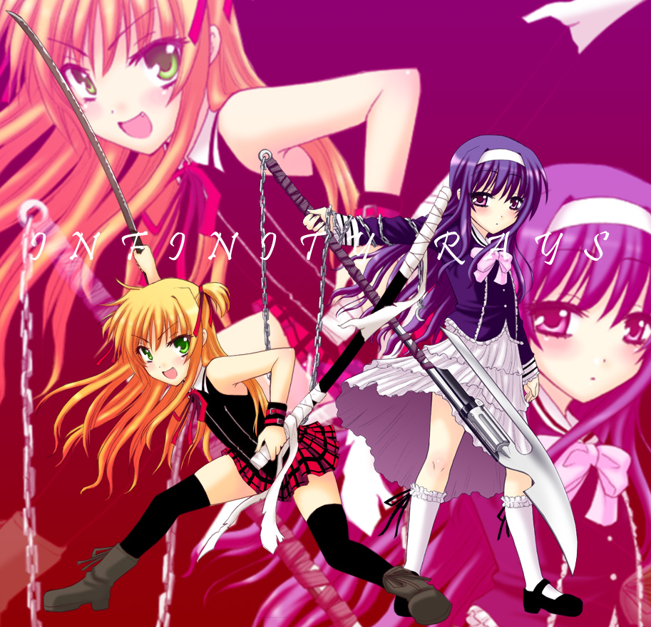 saki chisuzu, arisa bunnings, tsukimura suzuka, lyrical nanoha, mahou shoujo lyrical nanoha, 00s, blonde hair, boots, chain, green eyes, hairband, kneehighs, long hair, pink eyes, polearm, purple hair, skirt, socks, sword, thighhighs, weapon