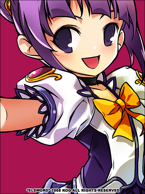 ress, aisha landar, high magician (elsword), elsword, 00s, 1girl, 2008, :d, bow, copyright name, female focus, no pupils, open mouth, pink background, purple eyes, purple hair, ribbon, selfie, simple background, smile, solo, yellow bow