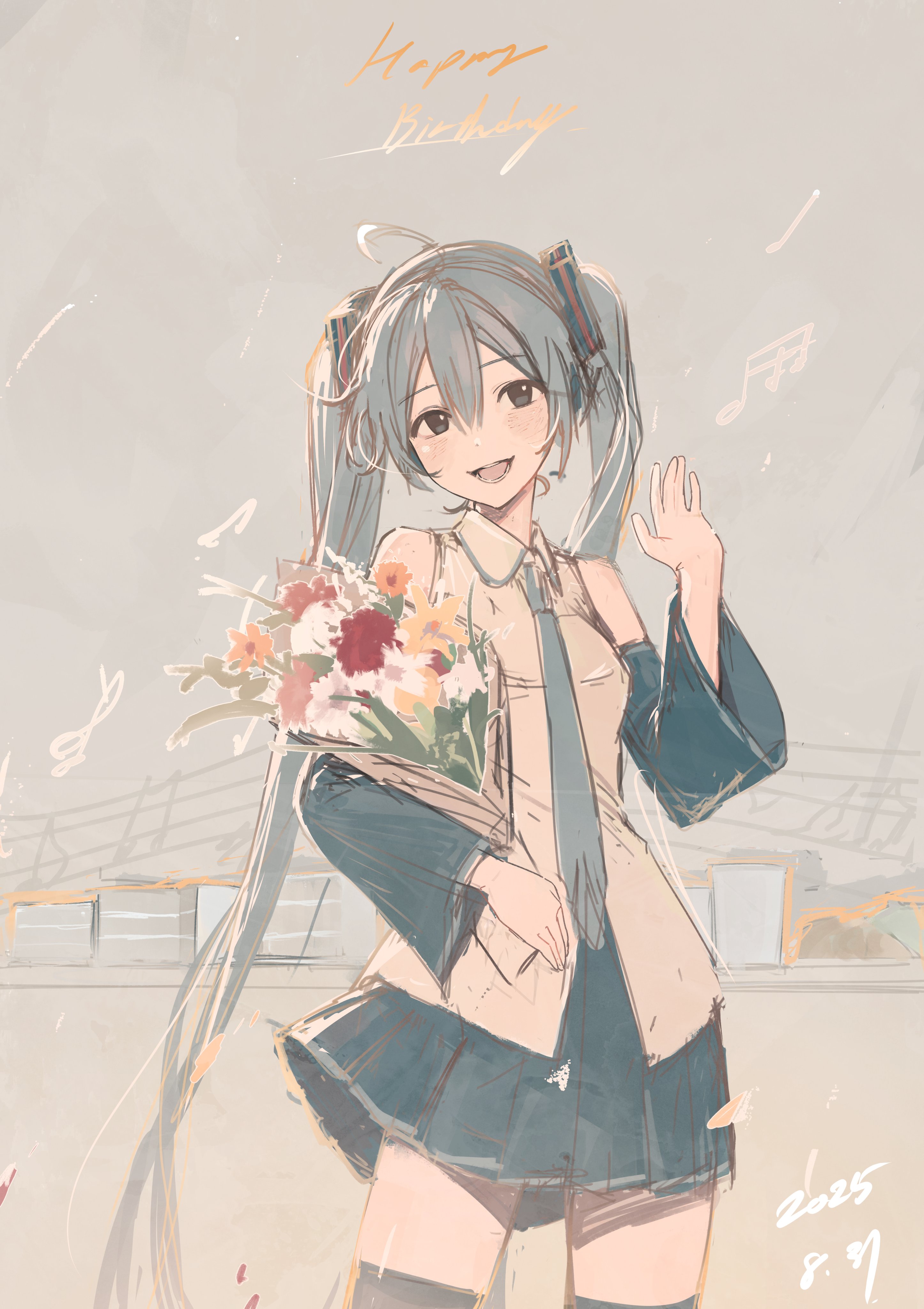 skyn blue, hatsune miku, vocaloid, absurdres, highres, 1girl, :d, ahoge, aqua hair, aqua necktie, bare shoulders, black skirt, black thighhighs, blue hair, blue necktie, blush, bouquet, collared shirt, cowboy shot, dated, detached sleeves, eighth note, flower, grey shirt, hair between eyes, hand up, happy birthday, head tilt, holding, holding bouquet, long hair, looking at viewer, musical note, necktie, open mouth, outdoors, pleated skirt, shirt, skirt, sleeveless, sleeveless shirt, smile, solo, standing, thighhighs, twintails, very long hair, waving, white shirt, zettai ryouiki