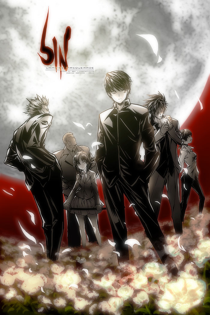 ress, djmax, djmax portable, 2girls, 4boys, everyone, feathers, flower, moon, multiple boys, multiple girls, vampire