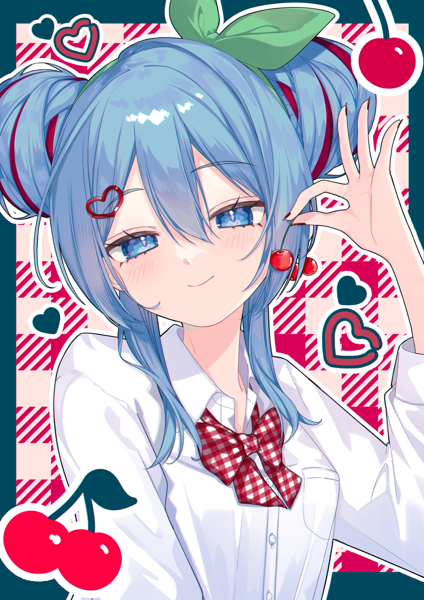 hatsune miku, cherry pop (vocaloid), vocaloid, highres, 1girl, blue eyes, blue hair, blush, bow, bowtie, breast pocket, cherry, cherry hair ornament, closed mouth, collared shirt, double bun, dress shirt, food, food-themed hair ornament, fruit, hair between eyes, hair bun, hair ornament, hair ribbon, hand up, heart, heart hair ornament, holding, holding food, holding fruit, long sleeves, looking at viewer, multicolored hair, nail polish, plaid bow, plaid bowtie, plaid clothes, pocket, red bow, red bowtie, red hair, ribbon, shirt, smile, solo, streaked hair, upper body, white shirt, yuzuki meo