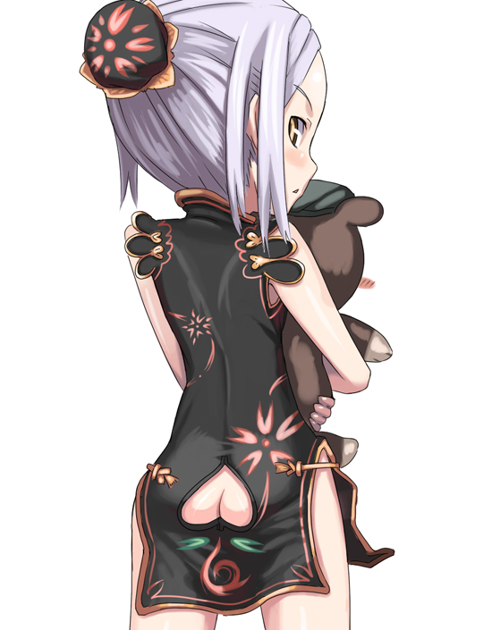 sessue, sergei smirnov, soma peries, gundam, gundam 00, silver hair, 00s, 1girl, ass, bare shoulders, black dress, blush, bun cover, china dress, chinese clothes, dress, female focus, hair up, loli, looking back, no panties, sleeveless, solo, stuffed animal, stuffed toy, yellow eyes