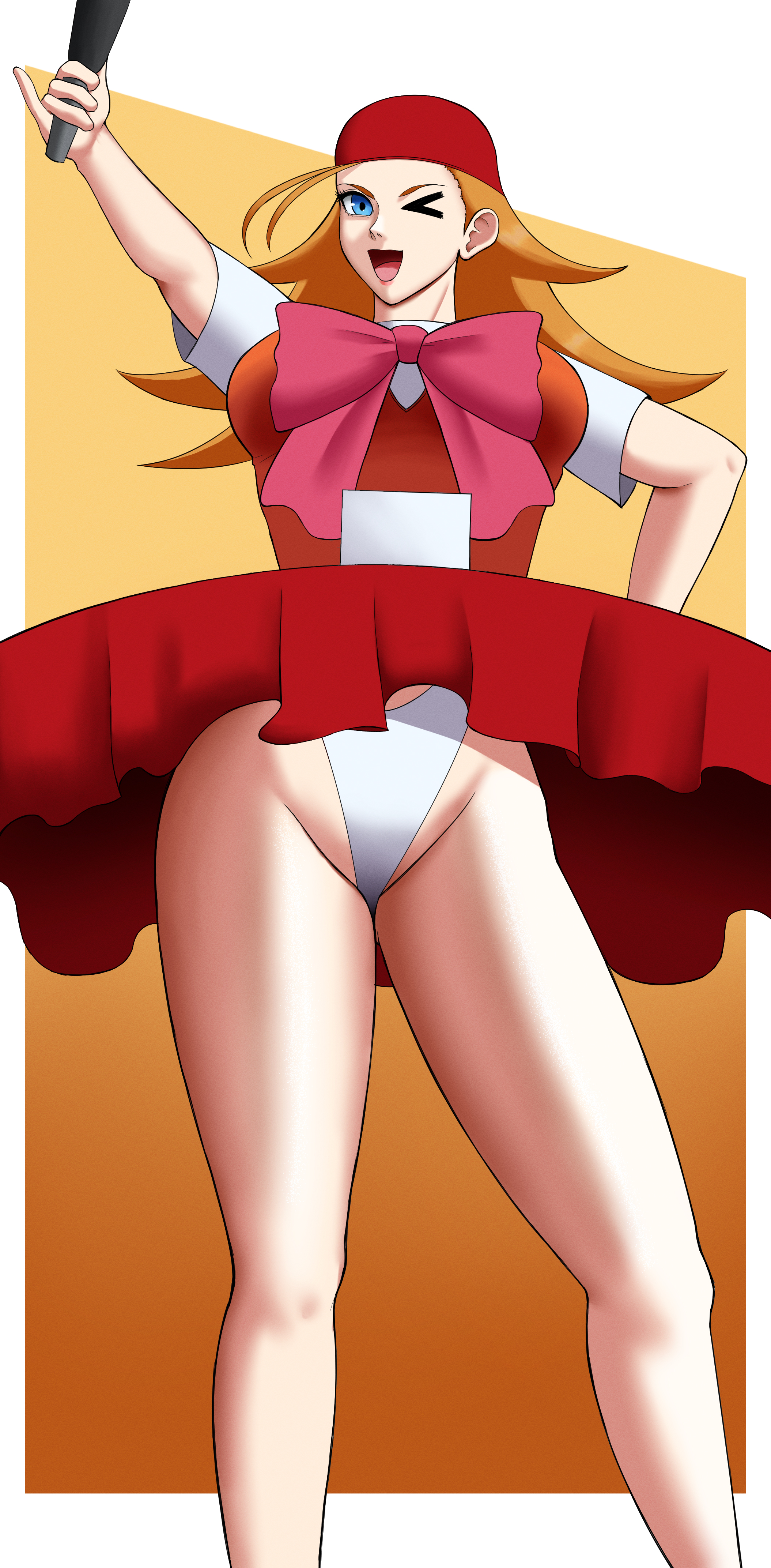 poketune, eiken, 1girl, announcer, blonde hair, blue eyes, bow, bowtie, breasts, large breasts, leotard, leotard under clothes, microphone, one eye closed, open mouth, smile, solo, spiked hair, wink