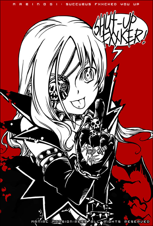 ress, succubus (mabinogi), mabinogi, 1girl, :p, bat wings, censored, censored text, choker, crazy eyes, demon girl, ear piercing, english text, eyepatch, female focus, middle finger, monochrome, one-eyed, piercing, profanity, red background, solo, tongue, tongue out, tongue piercing, wings