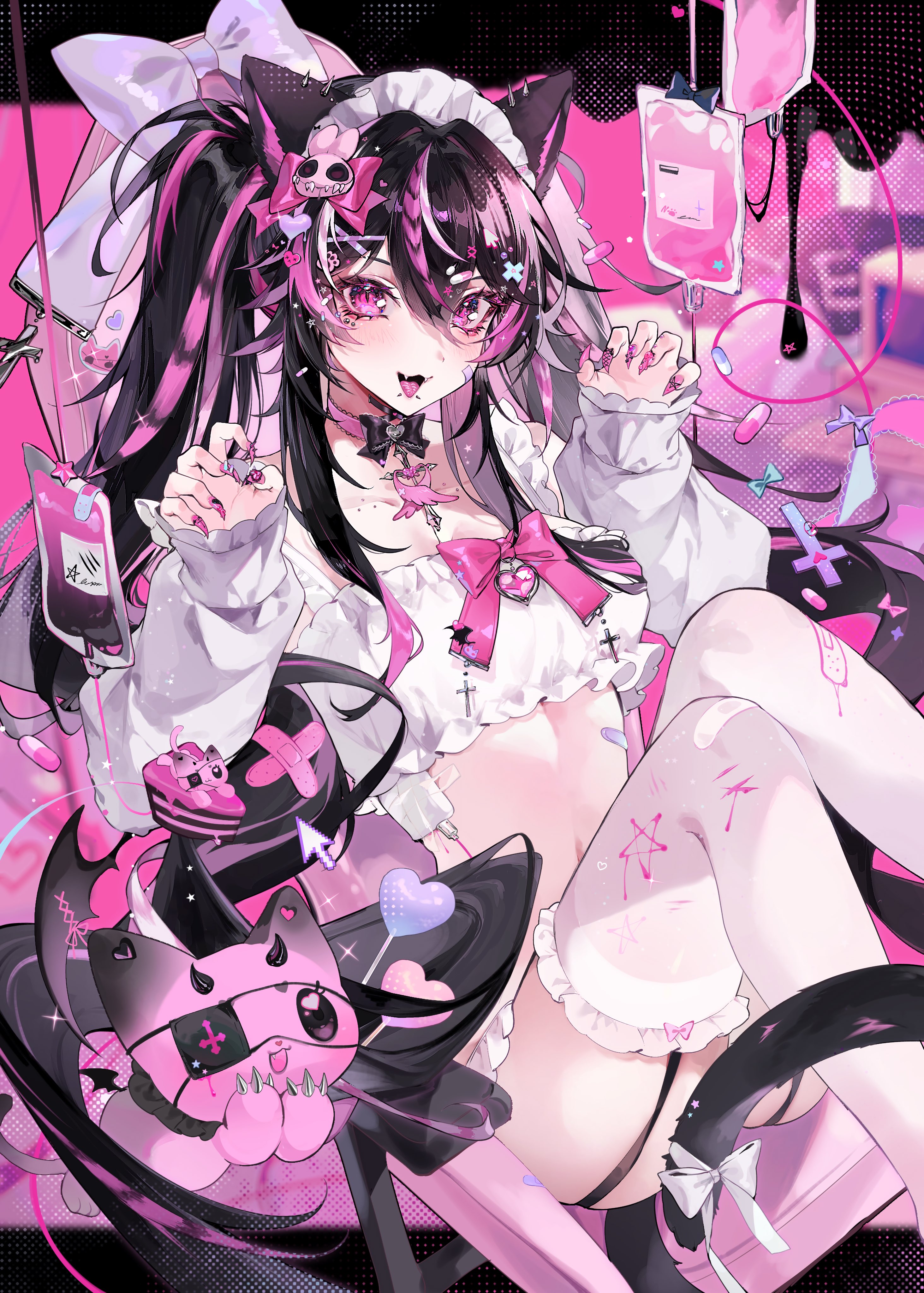eita 789, indie virtual youtuber, absurdres, commentary, english commentary, highres, second-party source, 1girl, animal ears, black hair, blood, blood bag, blush, bow, breasts, cat ears, cat girl, cat tail, chair, choker, claw pose, double-parted bangs, eye piercing, feet out of frame, hair between eyes, hair bow, hair ornament, hand on own hip, headdress, long hair, long sleeves, looking at viewer, medium breasts, midriff, multicolored hair, nail polish, nyaicore, open mouth, pink background, pink bow, pink choker, pink eyes, pink nails, pink streaks, shirt, sitting, smile, solo, tail, thighhighs, virtual youtuber, white headdress, white shirt, white thighhighs