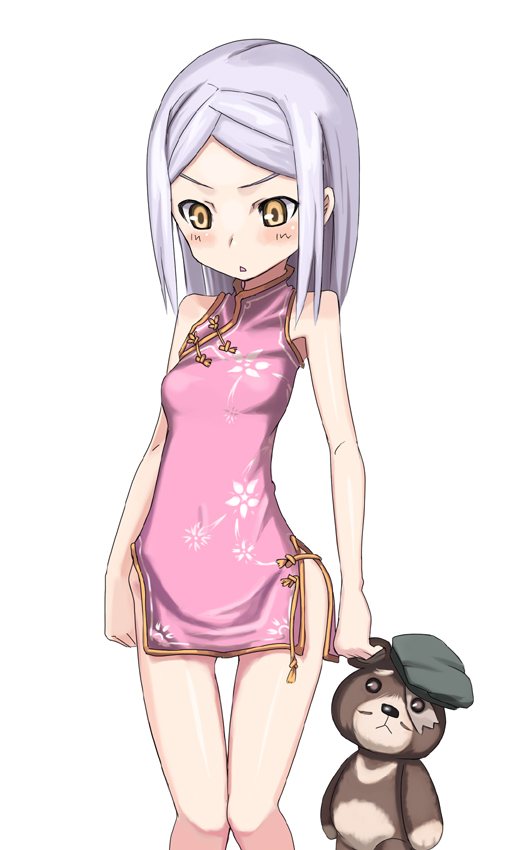 sessue, sergei smirnov, soma peries, gundam, gundam 00, silver hair, bad id, bad pixiv id, 00s, 1girl, bare shoulders, blush, breasts, china dress, chinese clothes, dress, female focus, loli, no panties, sleeveless, small breasts, solo, stuffed animal, stuffed toy, thigh gap, thighs, yellow eyes