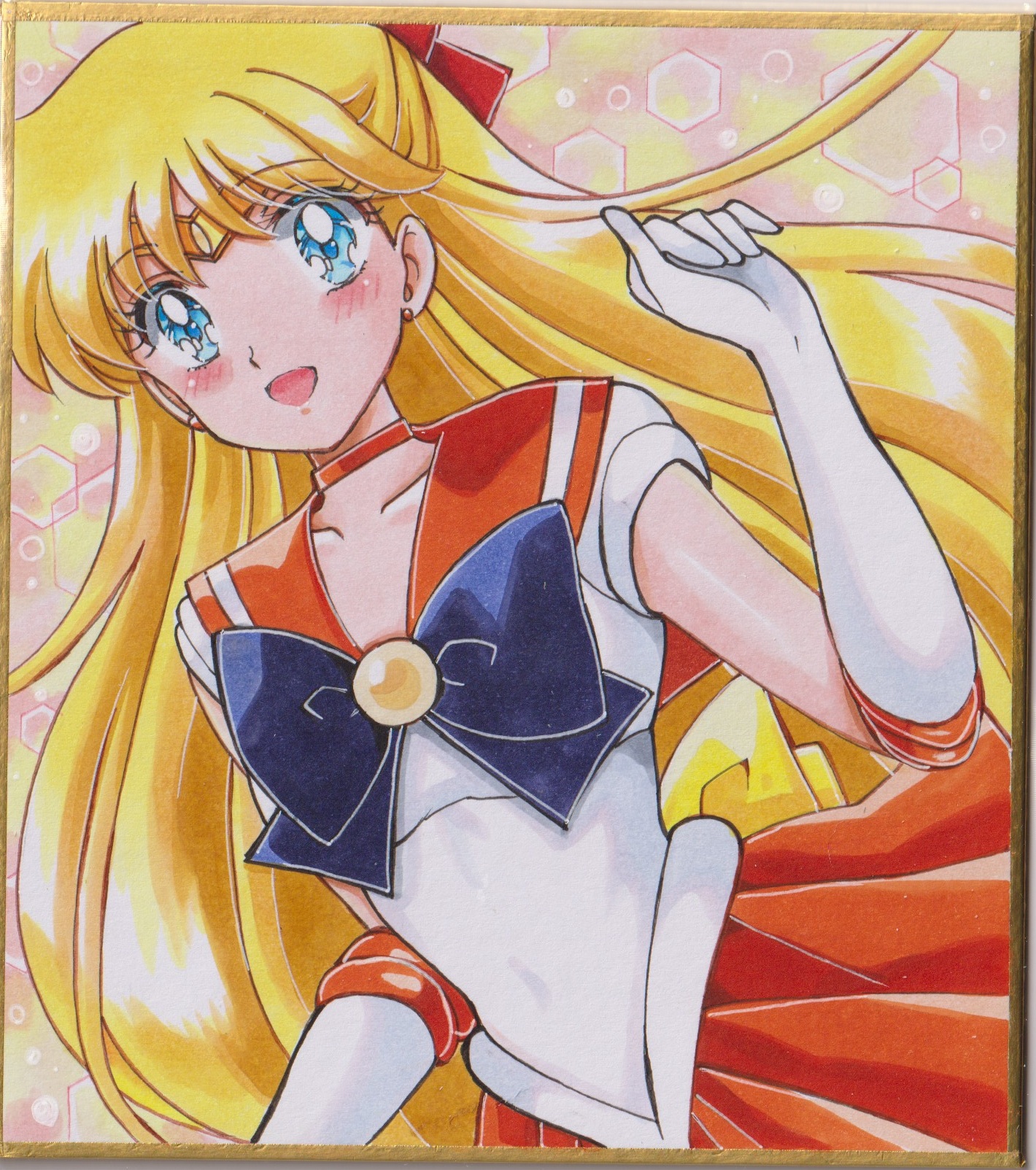 chikoto (kztc4472), aino minako, sailor venus, bishoujo senshi sailor moon, commentary, highres, traditional media, 1girl, :d, back bow, blonde hair, blue bow, blue bowtie, blue eyes, blush, bow, bowtie, choker, circlet, collarbone, elbow gloves, gloves, hair ribbon, hand up, long hair, looking at viewer, magical girl, open mouth, pink background, red choker, red sailor collar, ribbon, sailor collar, sailor senshi uniform, smile, solo, upper body, white gloves, yellow bow