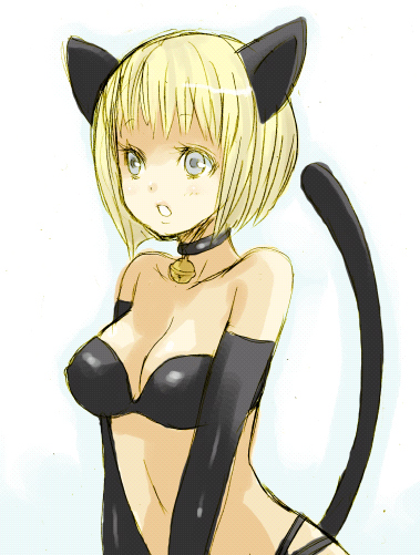pocopoco, clare (claymore), claymore (series), bad id, bad pixiv id, 00s, 1girl, animal ears, bare shoulders, bell, bikini, bikini top only, black bikini, blonde hair, breasts, cat ears, cat tail, cleavage, collar, elbow gloves, female focus, gloves, grey eyes, large breasts, neck bell, short hair, solo, swimsuit, tail