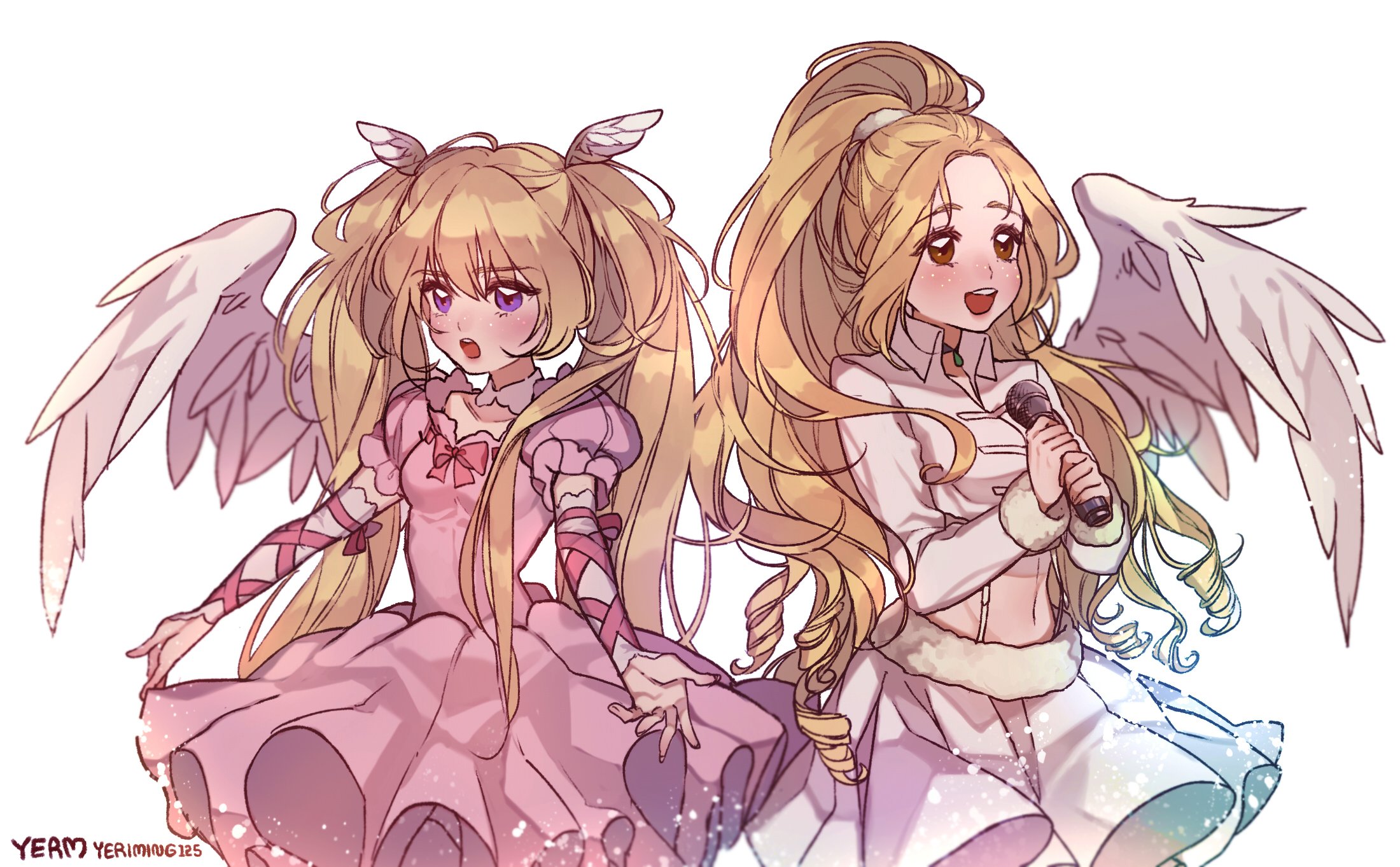 yerm, full moon (full moon wo sagashite), hoshina utau, kouyama mitsuki, full moon wo sagashite, shugo chara!, commentary request, highres, 2girls, angel wings, arm strap, artist name, black choker, blonde hair, blush, brown eyes, choker, collared shirt, cowboy shot, cropped legs, crossover, detached collar, detached sleeves, dress, feathered wings, forehead, frilled dress, frills, fur-trimmed shirt, fur-trimmed skirt, fur trim, gem, glitter, green gemstone, hairband, head wings, holding, light particles, long hair, long sleeves, looking ahead, microphone, midriff, multiple girls, music, open mouth, outstretched arms, parted bangs, pink dress, pink ribbon, ponytail, puffy short sleeves, puffy sleeves, purple eyes, ribbon, ribbon trim, ringlets, shirt, short sleeves, simple background, singing, single wing, skirt, suspender skirt, suspenders, teeth, twintails, two-handed, upper teeth only, white background, white hairband, white shirt, white skirt, wings