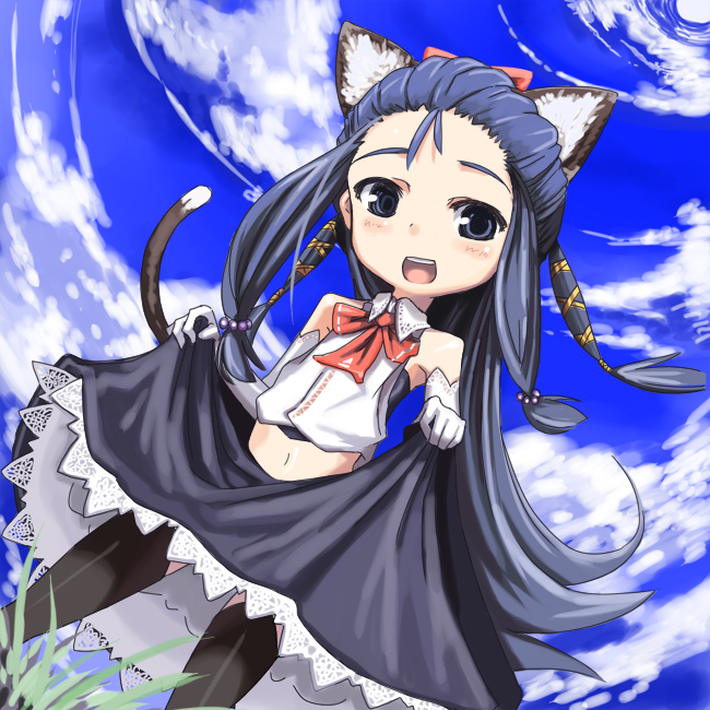 sessue, zhu zhi, sangokushi taisen, bad id, bad pixiv id, 1boy, animal ears, cat ears, cat tail, clothes lift, day, lace, male focus, midriff, ribbon, skirt, skirt lift, sky, solo, tail, thighhighs, trap