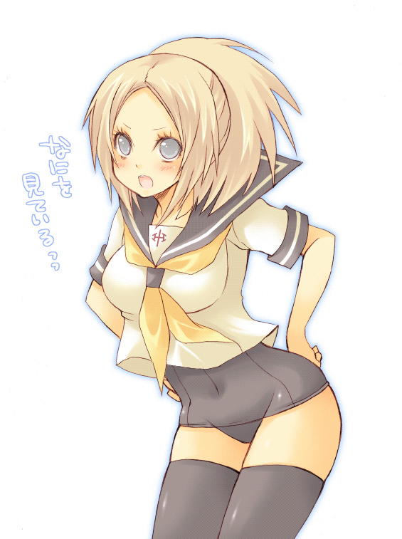 pocopoco, miria, claymore (series), bad id, bad pixiv id, translated, 00s, black one-piece swimsuit, blonde hair, blush, grey eyes, no pants, one-piece swimsuit, ponytail, school swimsuit, school uniform, serafuku, solo, standing, swimsuit, swimsuit under clothes, thighhighs, zettai ryouiki