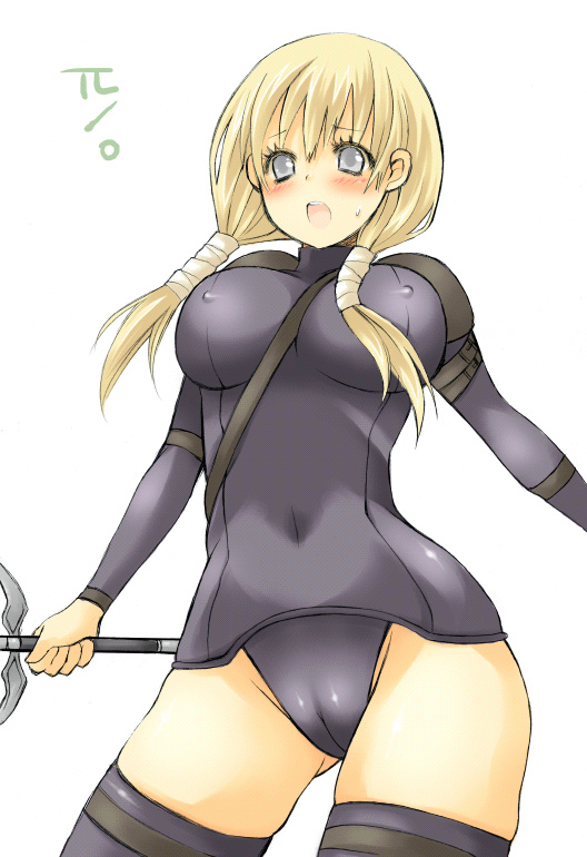 pocopoco, cynthia (claymore), claymore (series), 00s, 1girl, blonde hair, blush, breasts, cameltoe, covered erect nipples, female focus, grey eyes, huge breasts, large breasts, solo, standing, sword, thighhighs, twintails, weapon